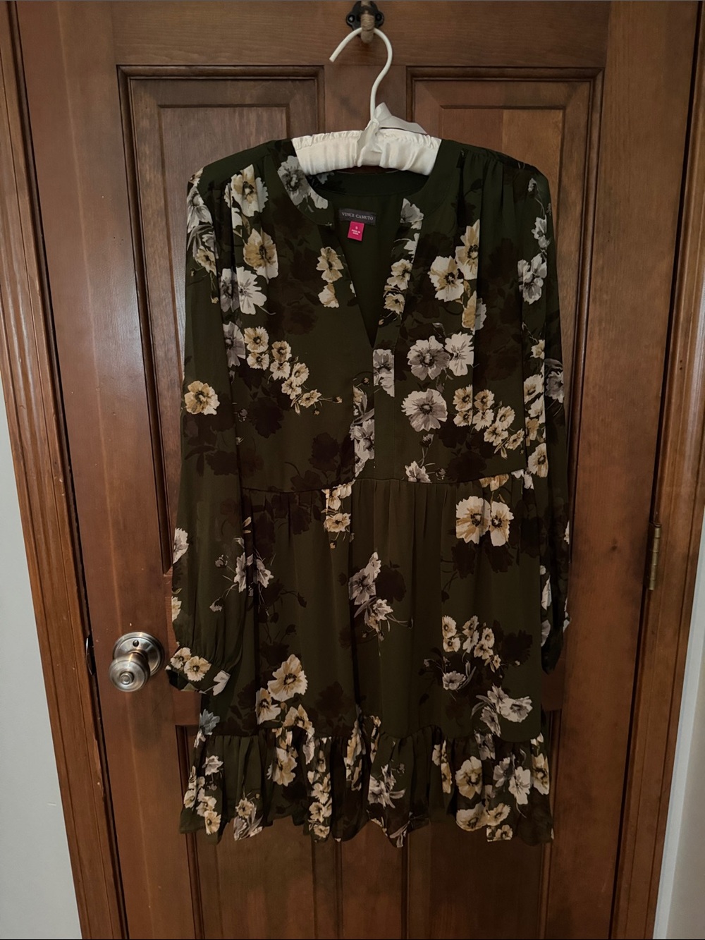 Vince Camuto Olive Green Floral Long-Sleeve Ruffle Dress